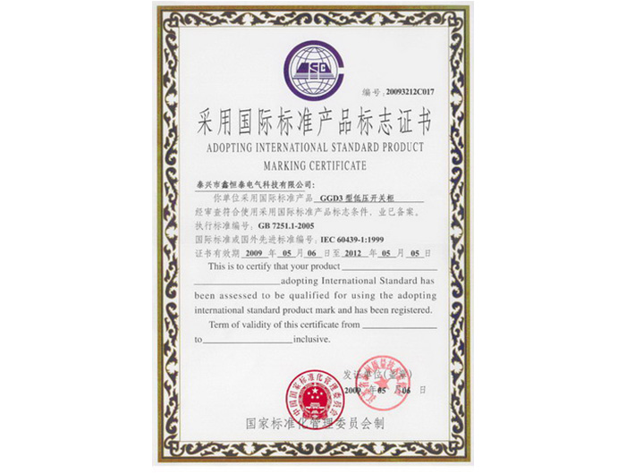 国际标准产品标志证书（GGD3）